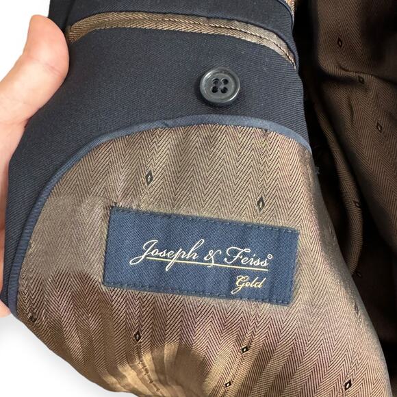 Joseph & Feiss Gold 100% Wool Navy Blue Two Button Blazer Men's Size 48L - Picture 11 of 12